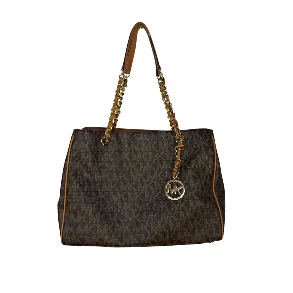 Michael Kors Fulton Large Chain Shoulder Bag Brown Logo Monogram Tote Gold Chic